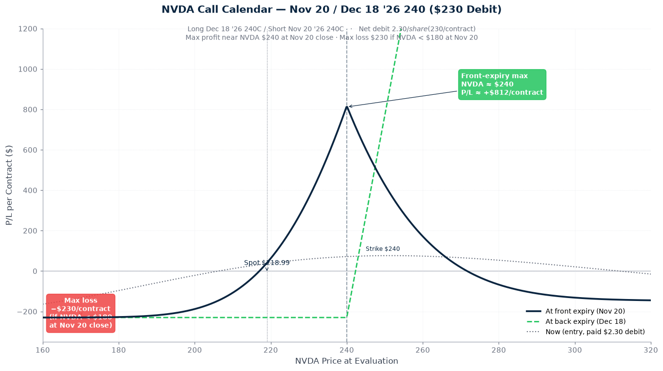 NVDA Nov 20 / Dec 18 2026 240 call calendar P/L curve at entry, front expiry, and back expiry